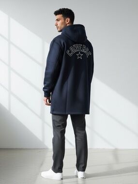 CONVERSE Men’s Faux Wool Hooded Varsity Jacket Navy Size M NEW